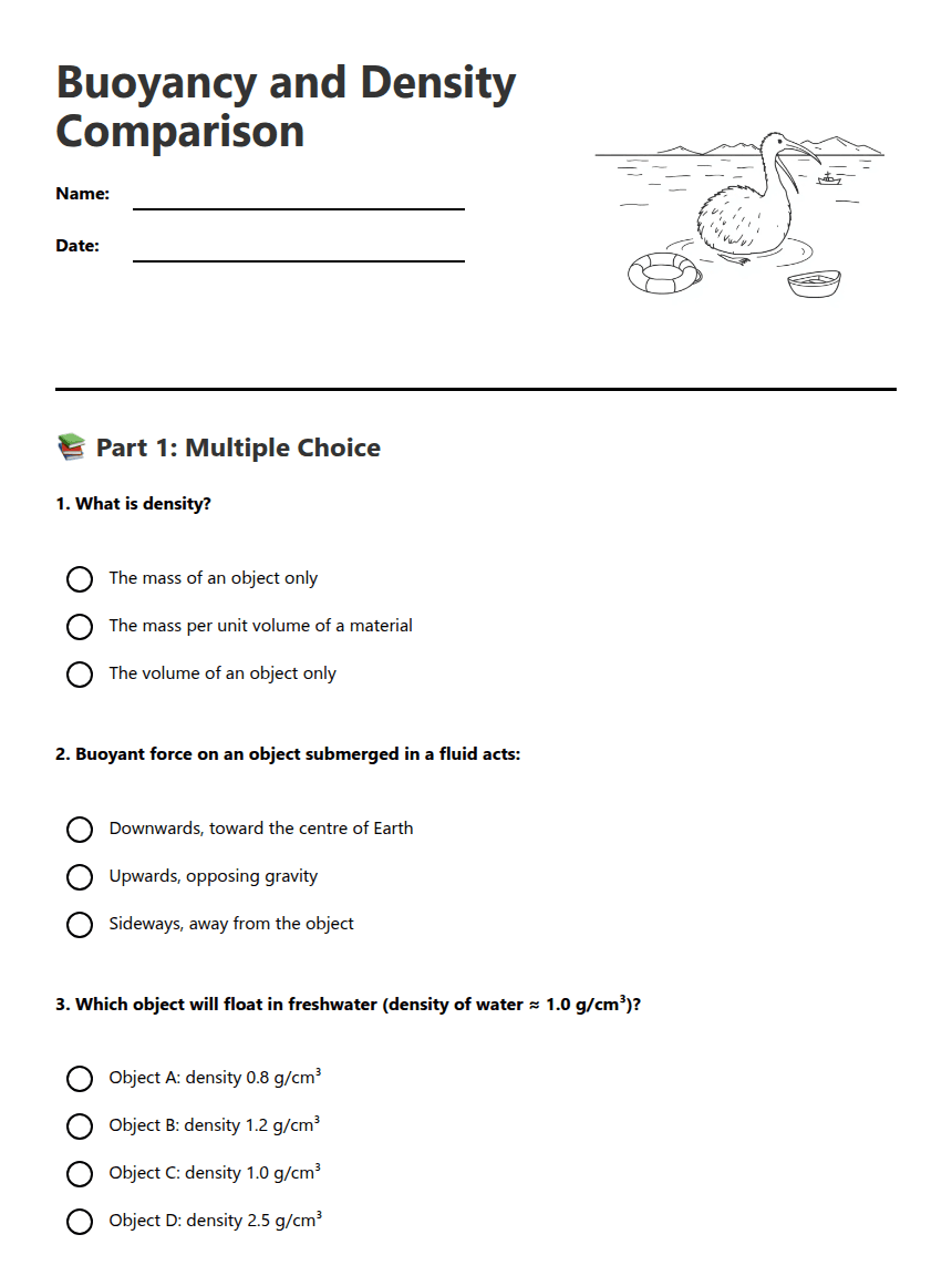 Buoyancy and Density Comparison worksheet preview