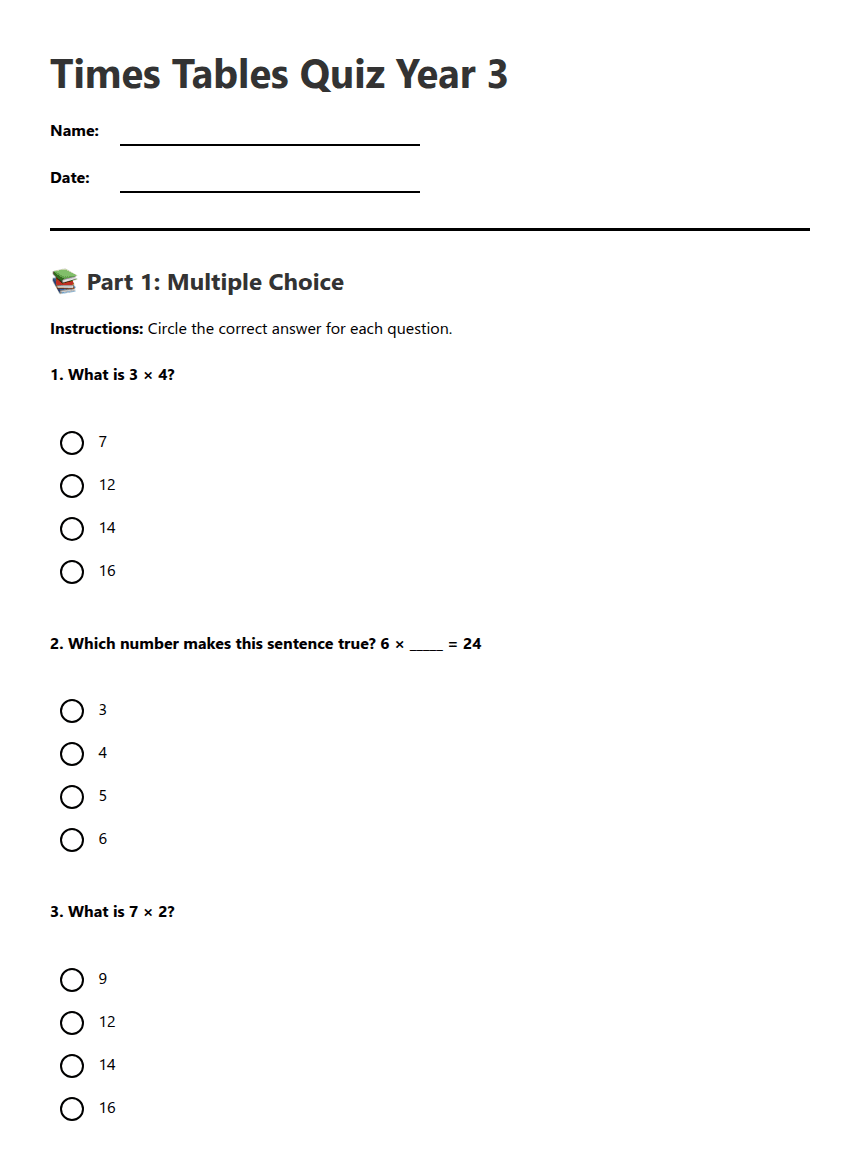 Times Tables Quiz Year 3 worksheet preview