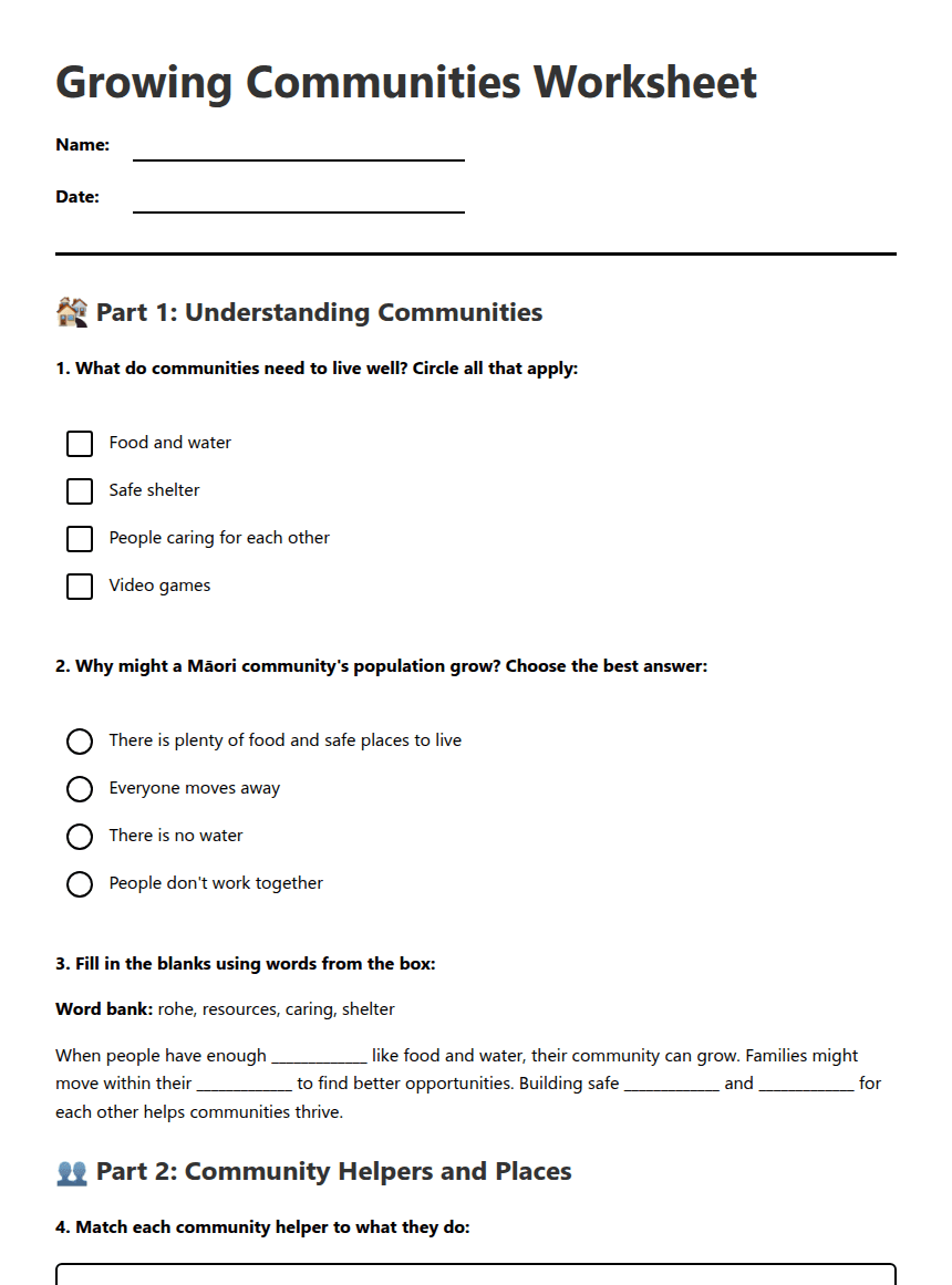 Growing Communities Worksheet worksheet preview