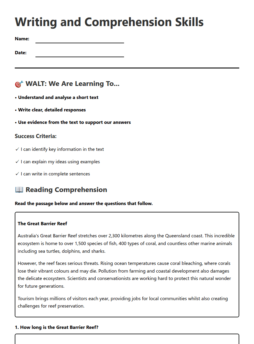 Writing and Comprehension Skills worksheet preview
