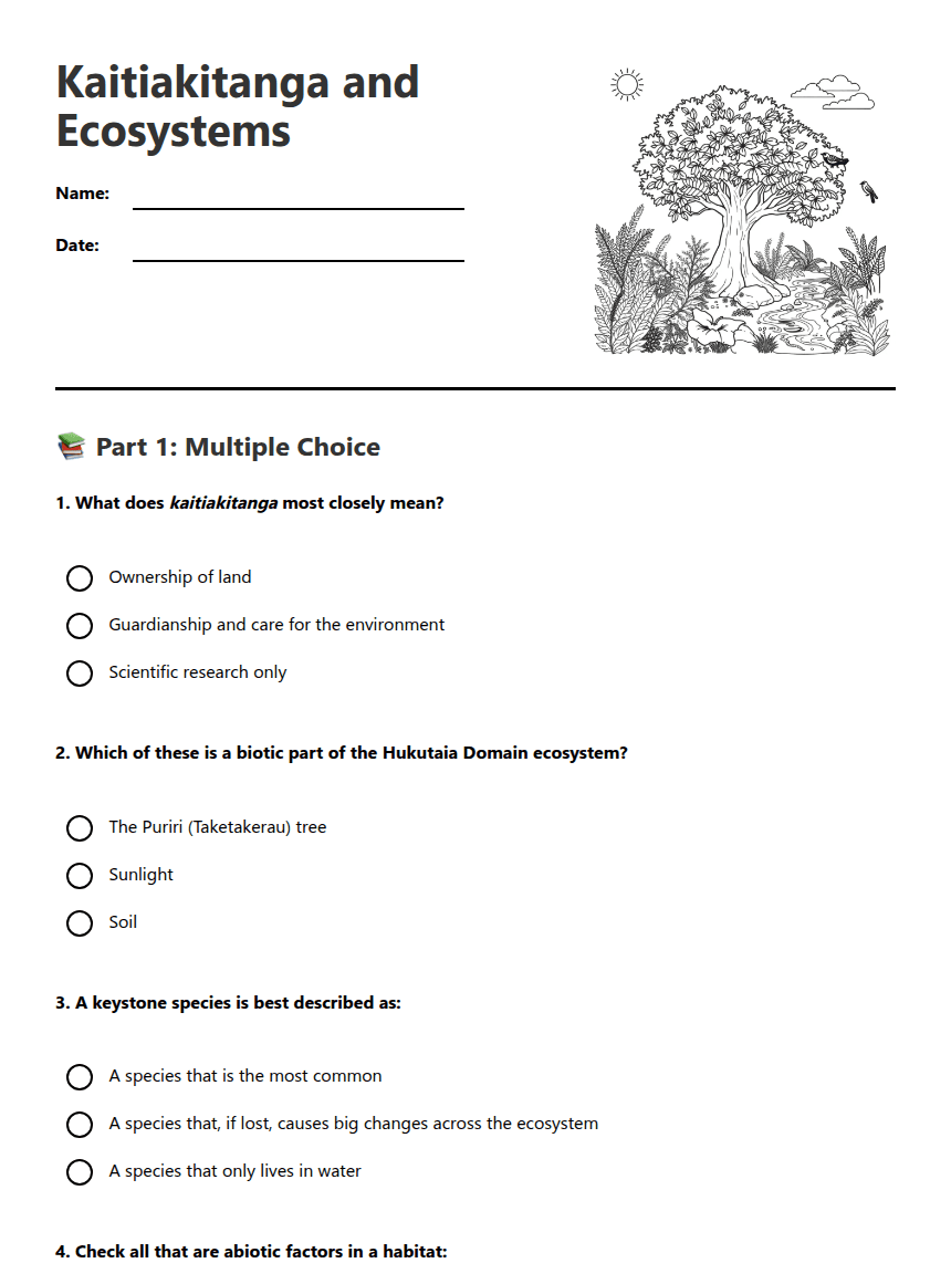 Kaitiakitanga and Ecosystems worksheet preview