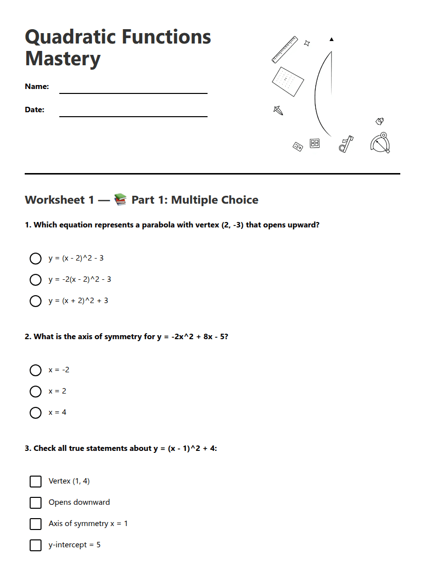 Quadratic Functions Mastery worksheet preview