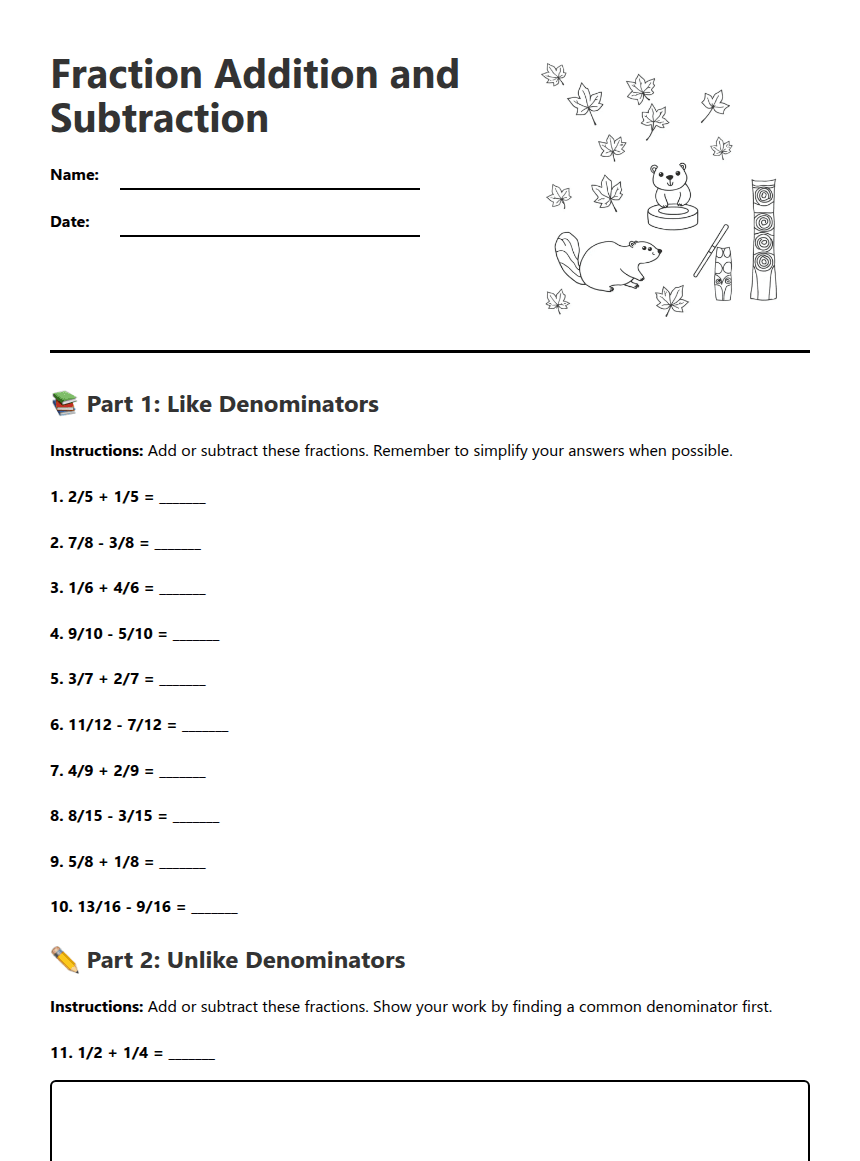 Fraction Addition and Subtraction worksheet preview