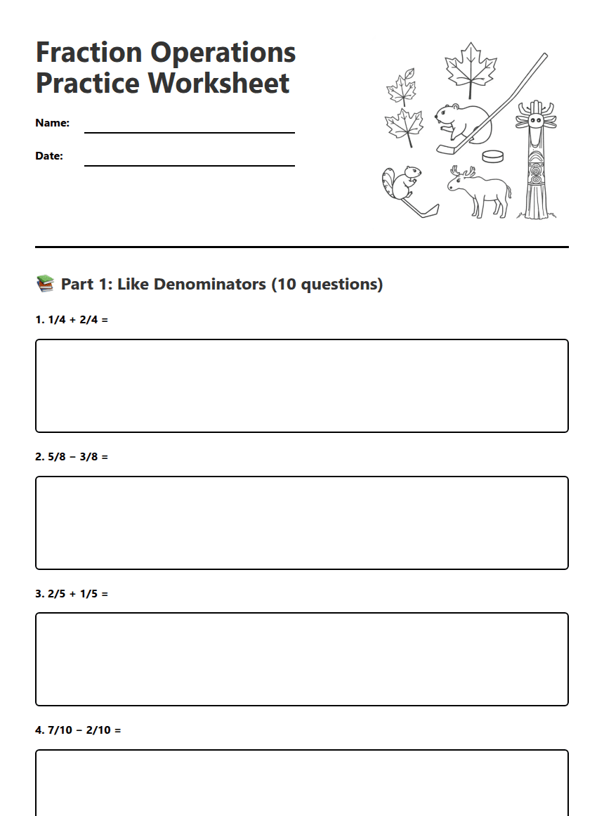 Fraction Operations Practice Worksheet worksheet preview
