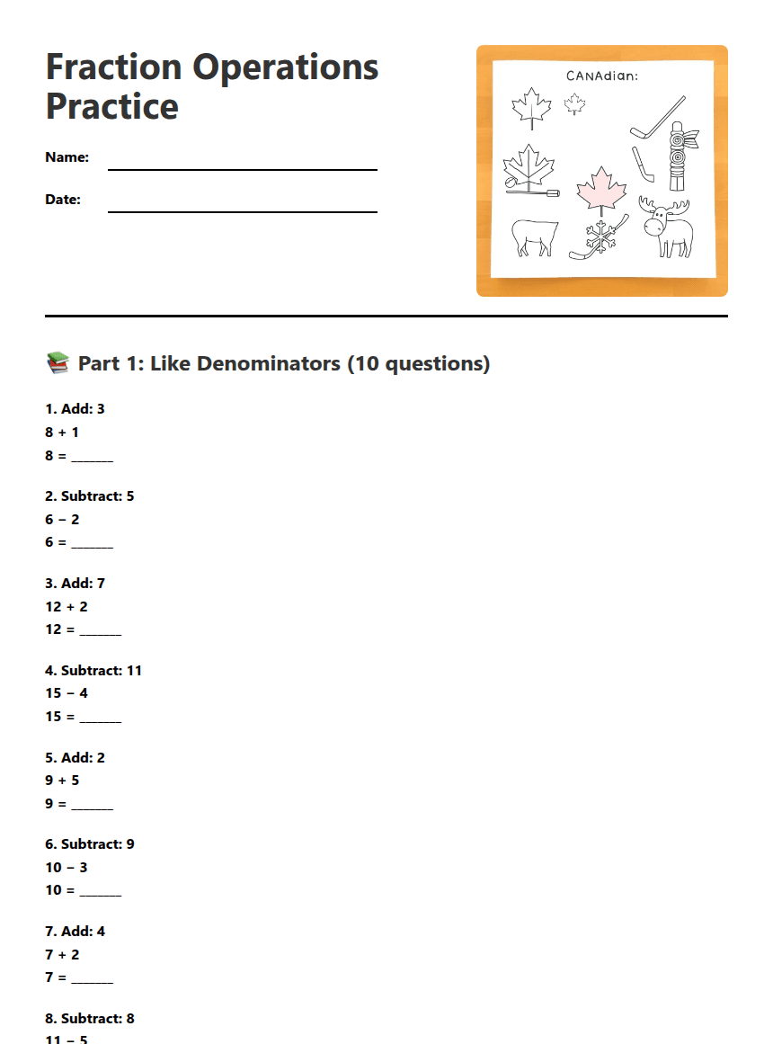 Fraction Operations Practice worksheet preview