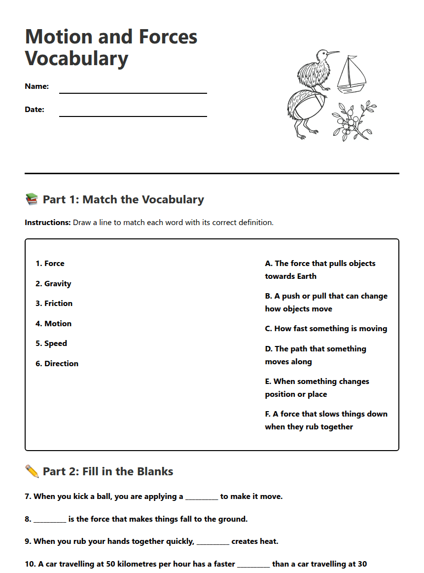 Motion and Forces Vocabulary worksheet preview