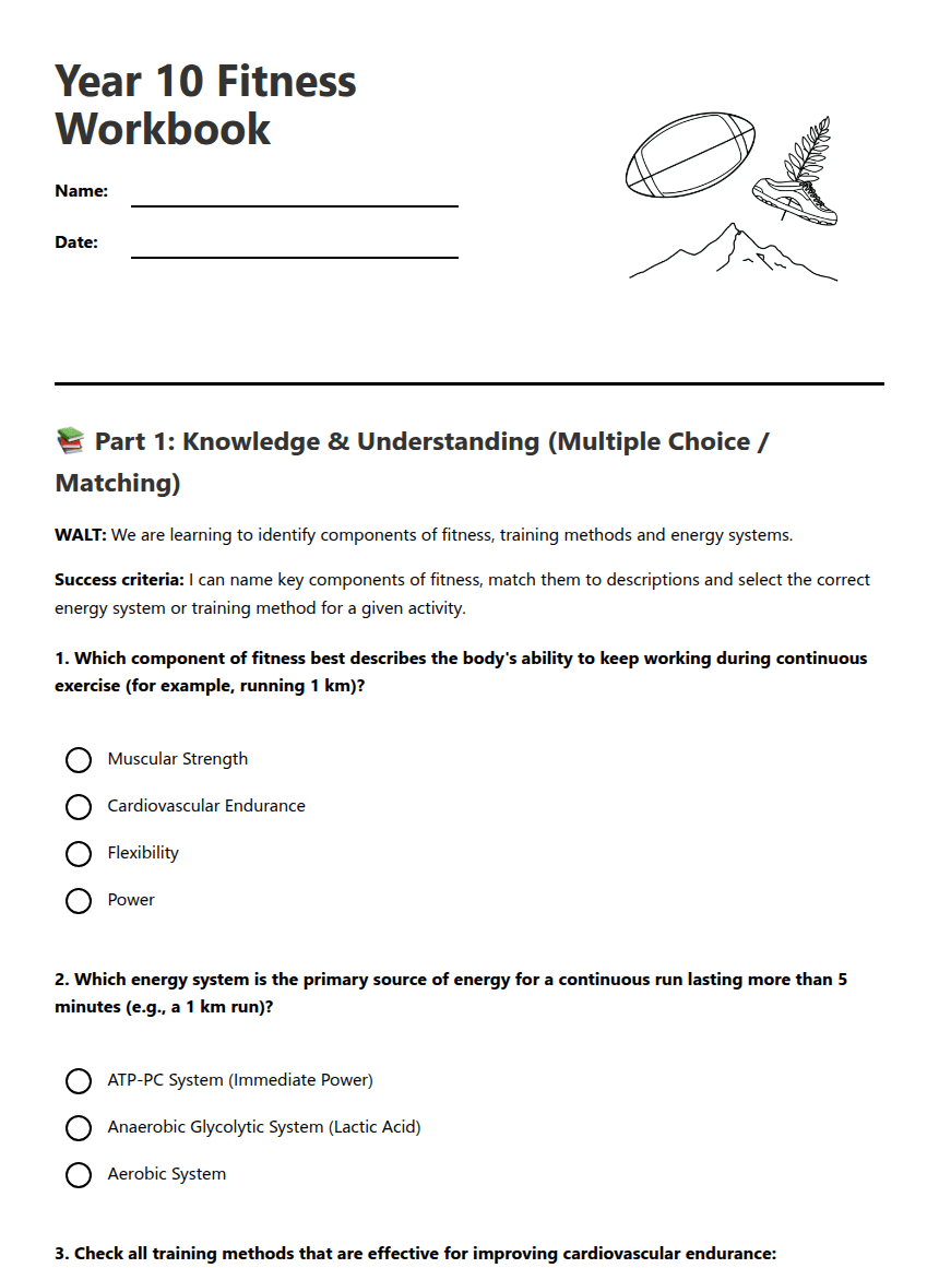 Year 10 Fitness Workbook worksheet preview