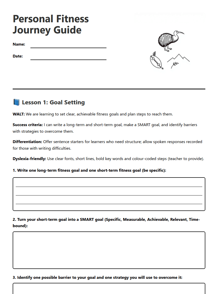 Personal Fitness Journey Guide worksheet preview