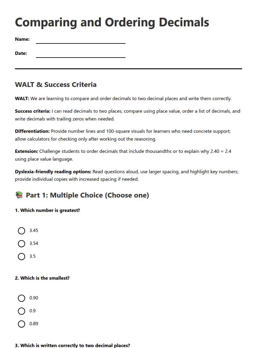 Comparing and Ordering Decimals worksheet preview