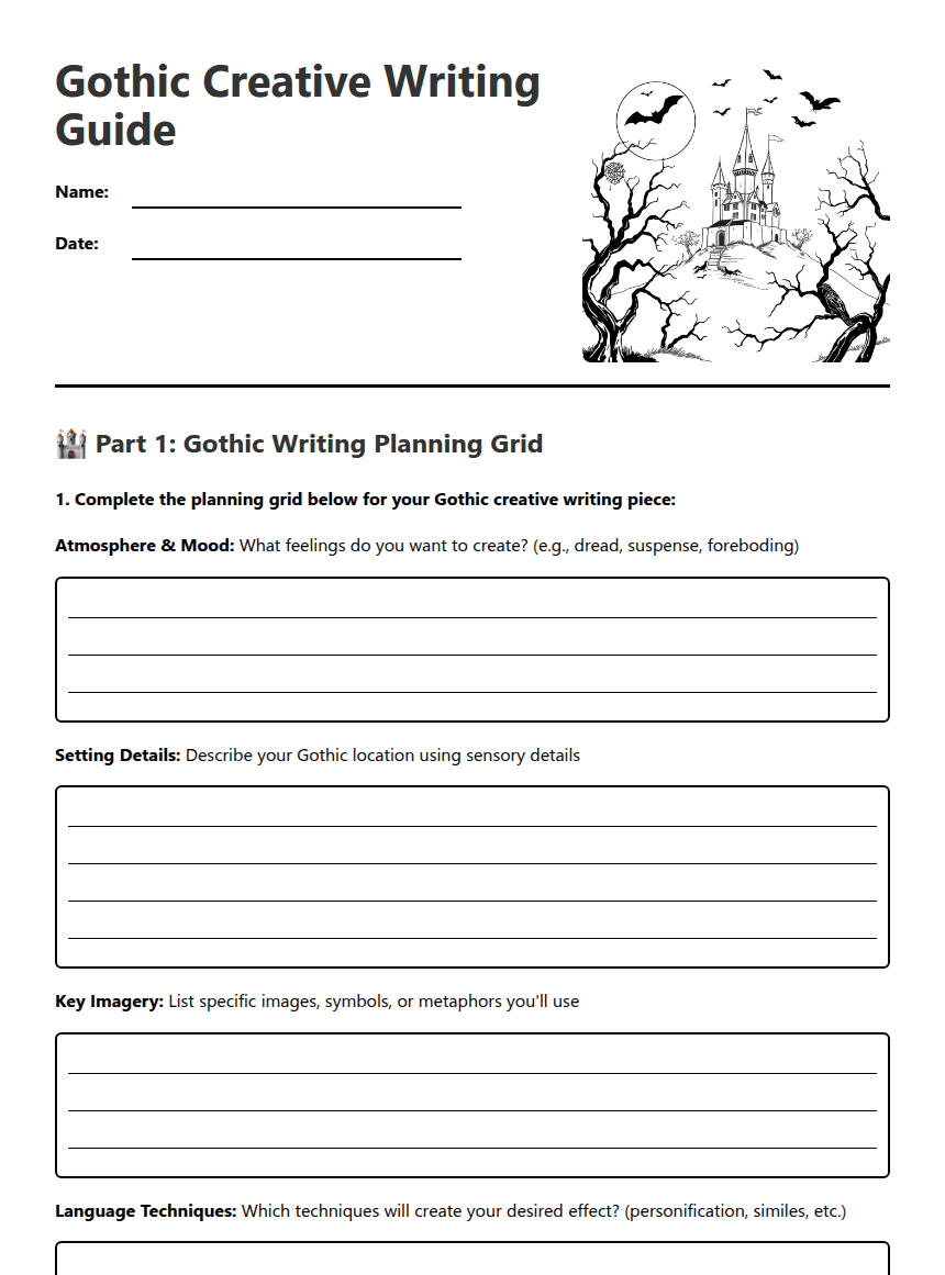 Gothic Creative Writing Guide worksheet preview