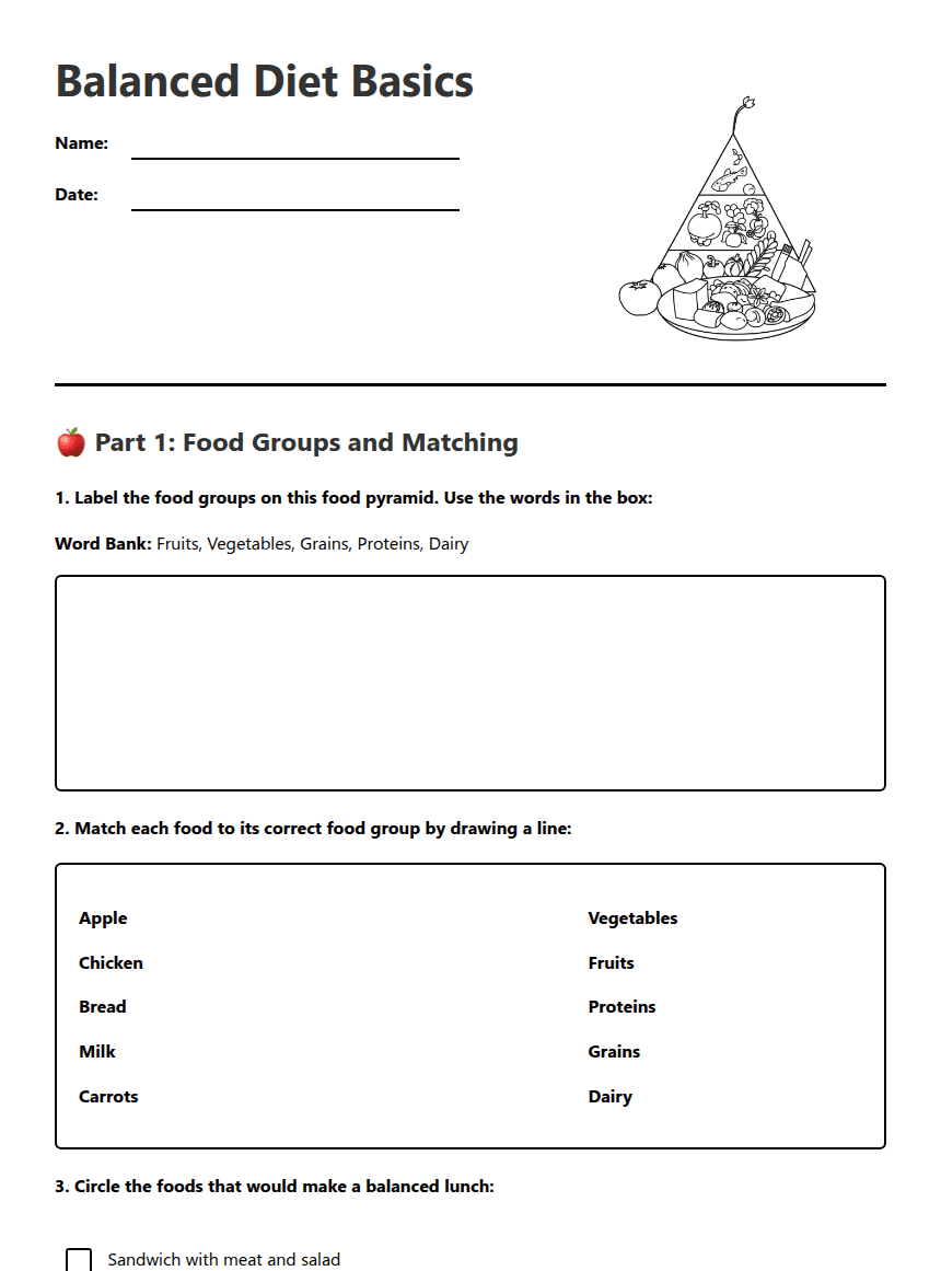 Balanced Diet Basics worksheet preview