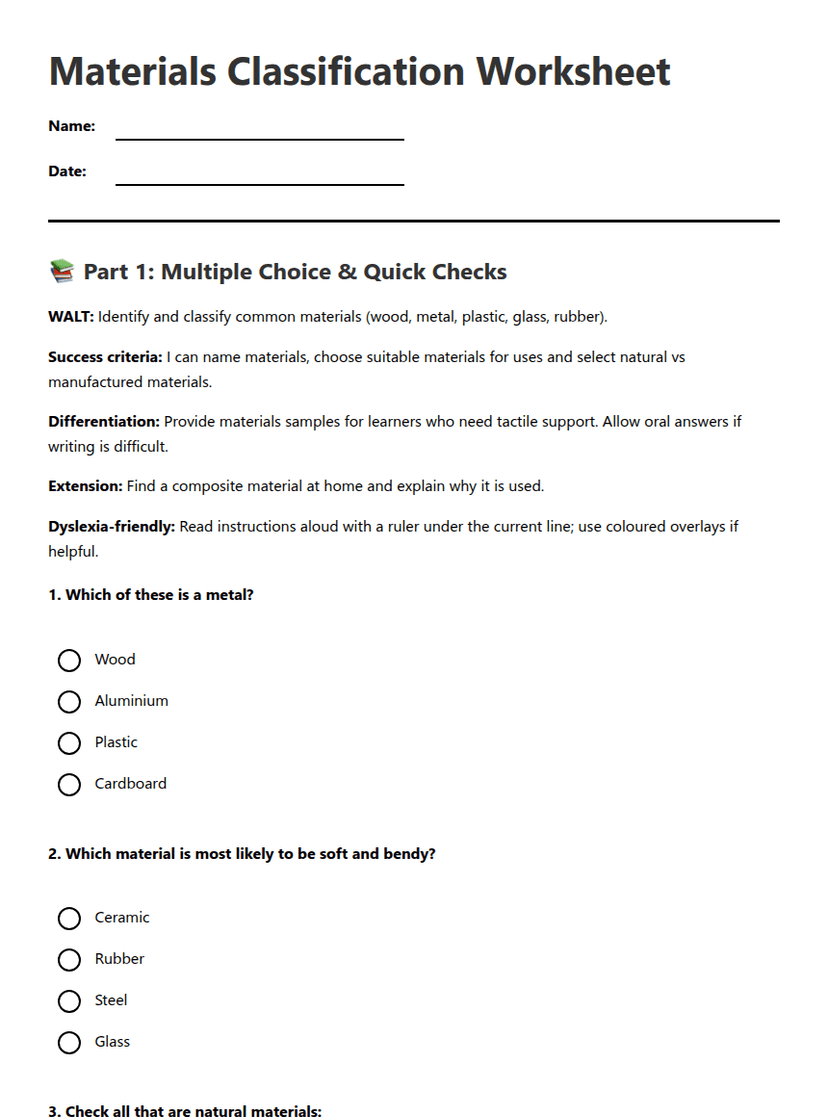 Materials Classification Worksheet