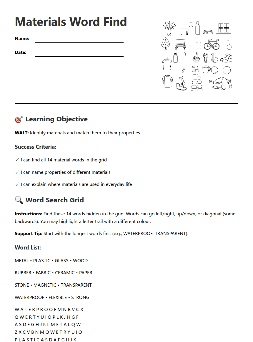 Materials Word Search worksheet preview