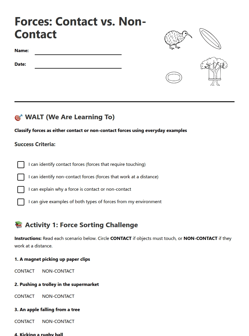 Forces: Contact vs. Non-Contact worksheet preview