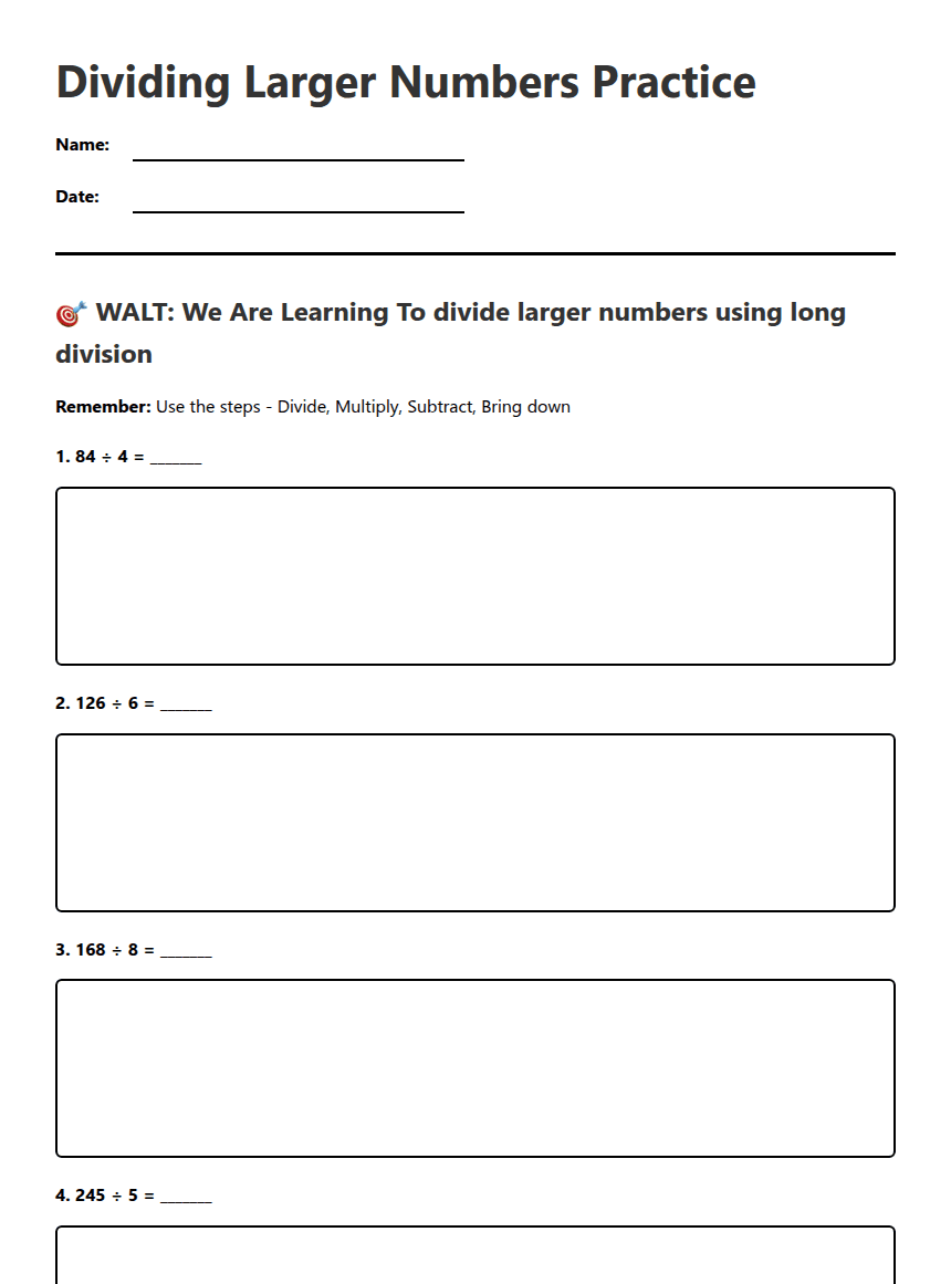 Dividing Larger Numbers Practice worksheet preview
