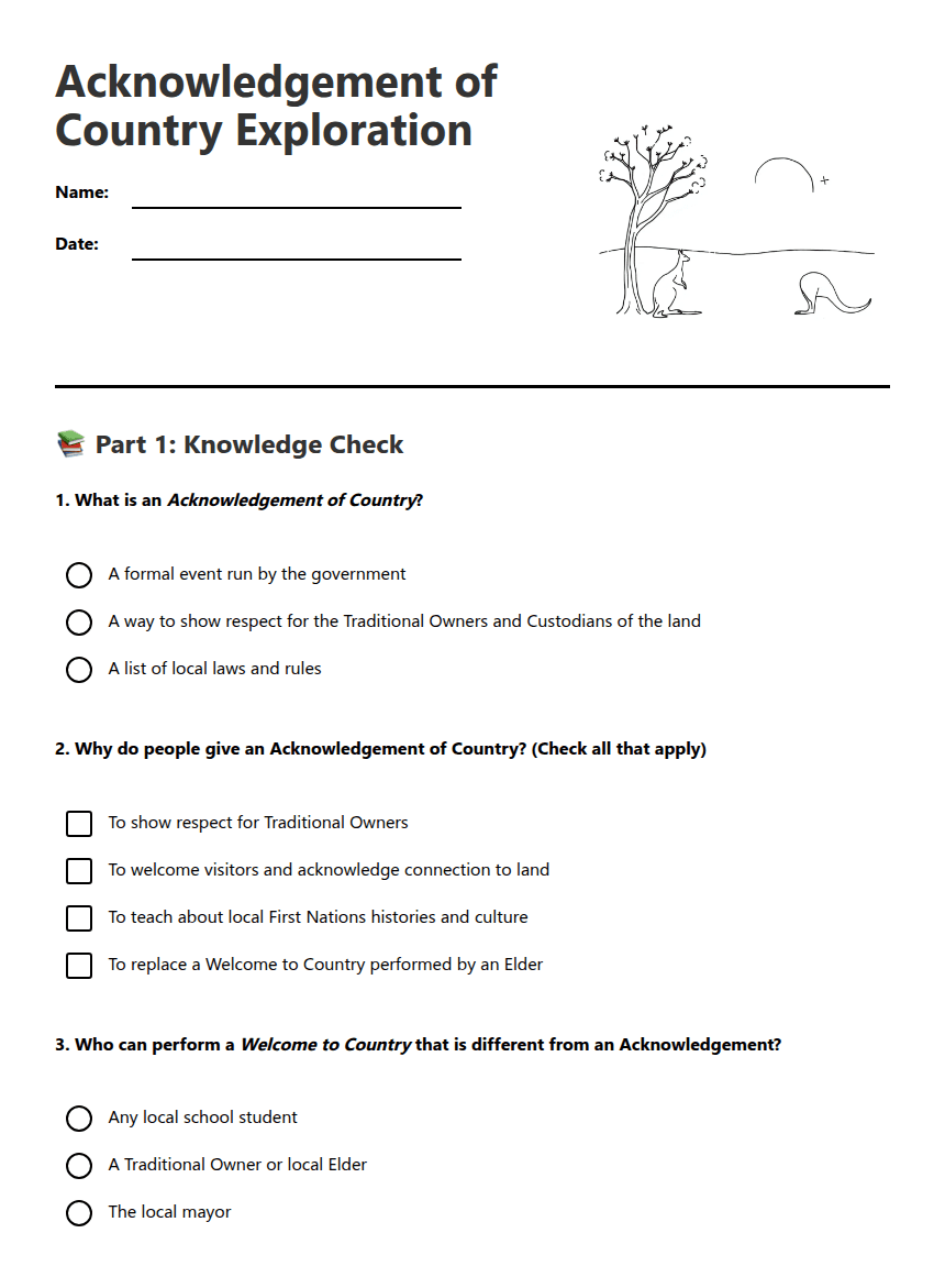 Acknowledgement of Country Exploration worksheet preview