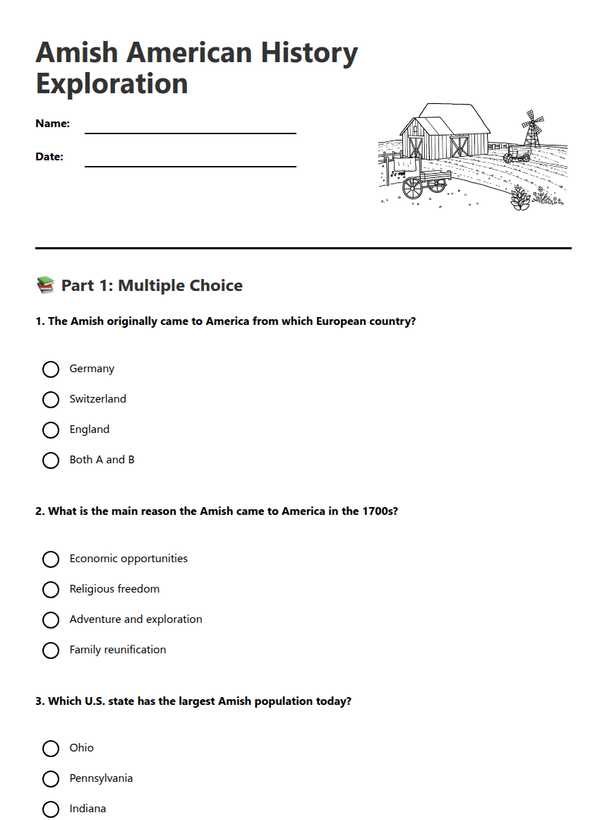 Amish American History Exploration worksheet preview
