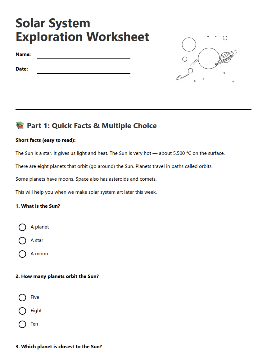 Solar System Exploration Worksheet worksheet preview