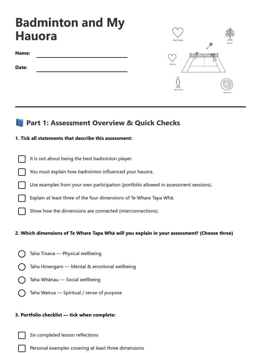 Badminton and My Hauora worksheet preview