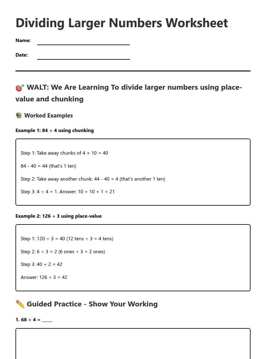 Dividing Larger Numbers Worksheet worksheet preview