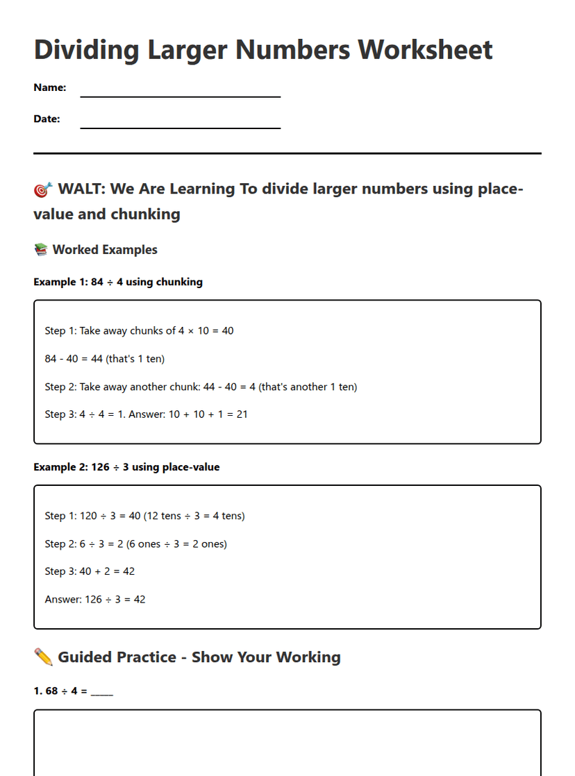 Dividing Larger Numbers Worksheet