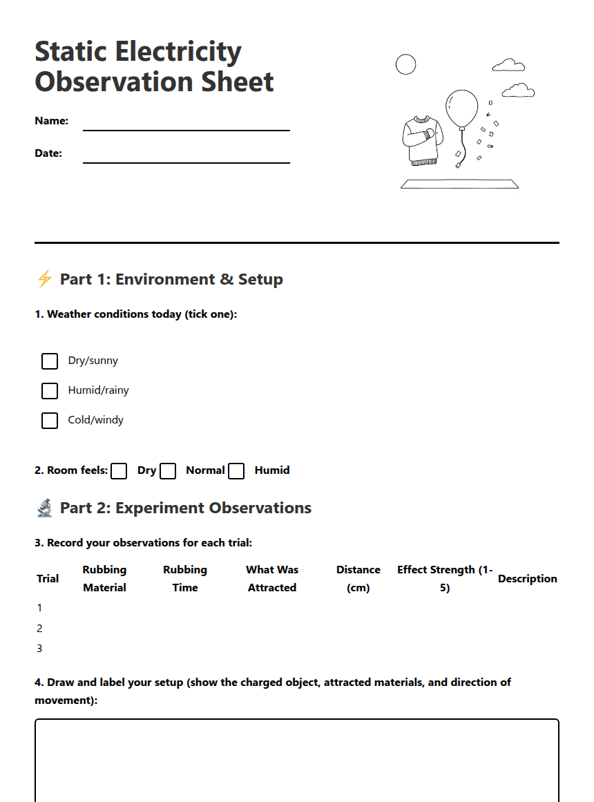 Static Electricity Observation Sheet worksheet preview