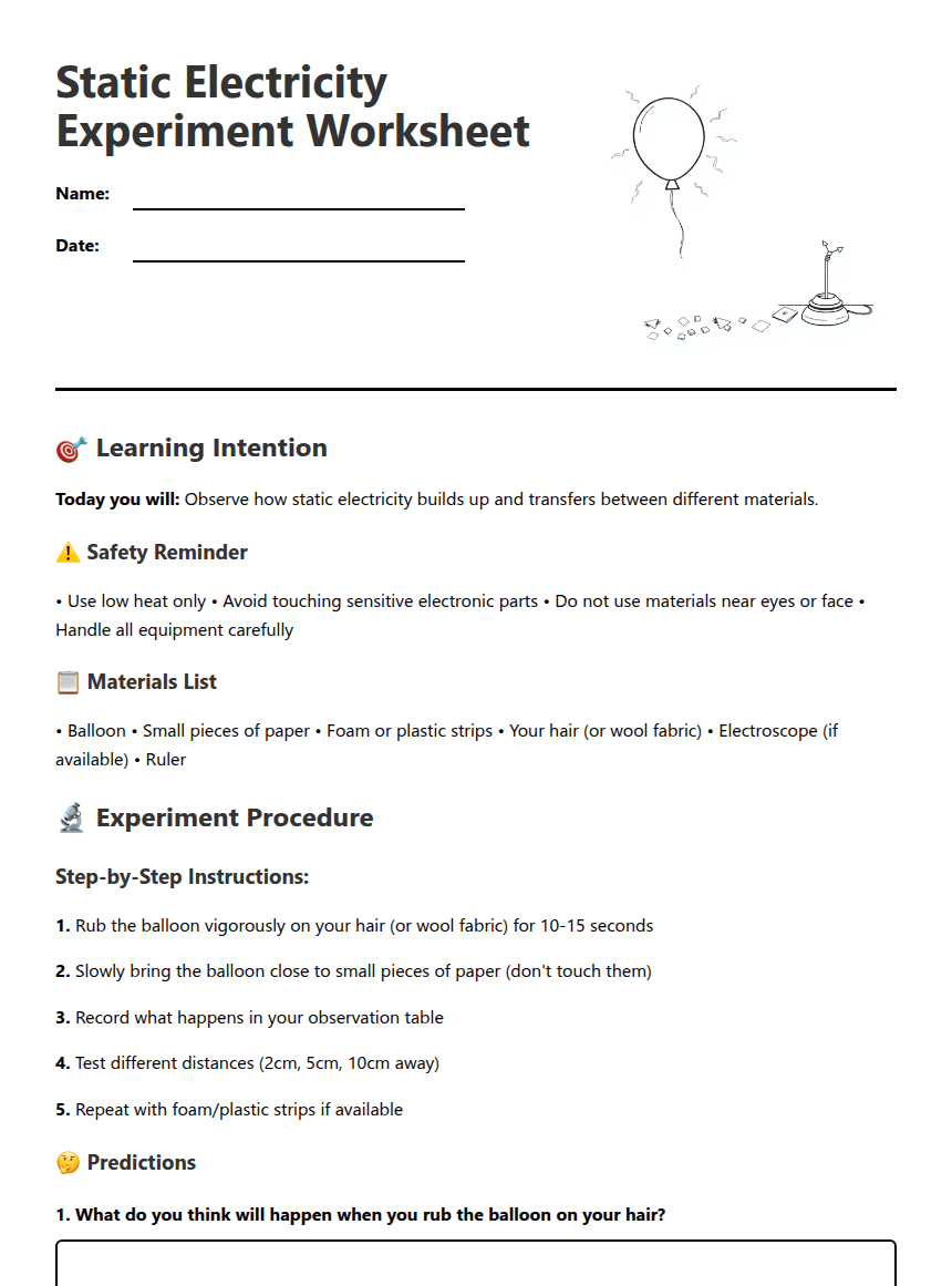 Static Electricity Experiment Worksheet worksheet preview