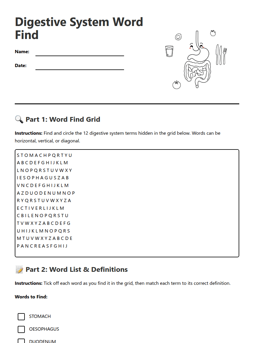 Digestive System Word Find worksheet preview