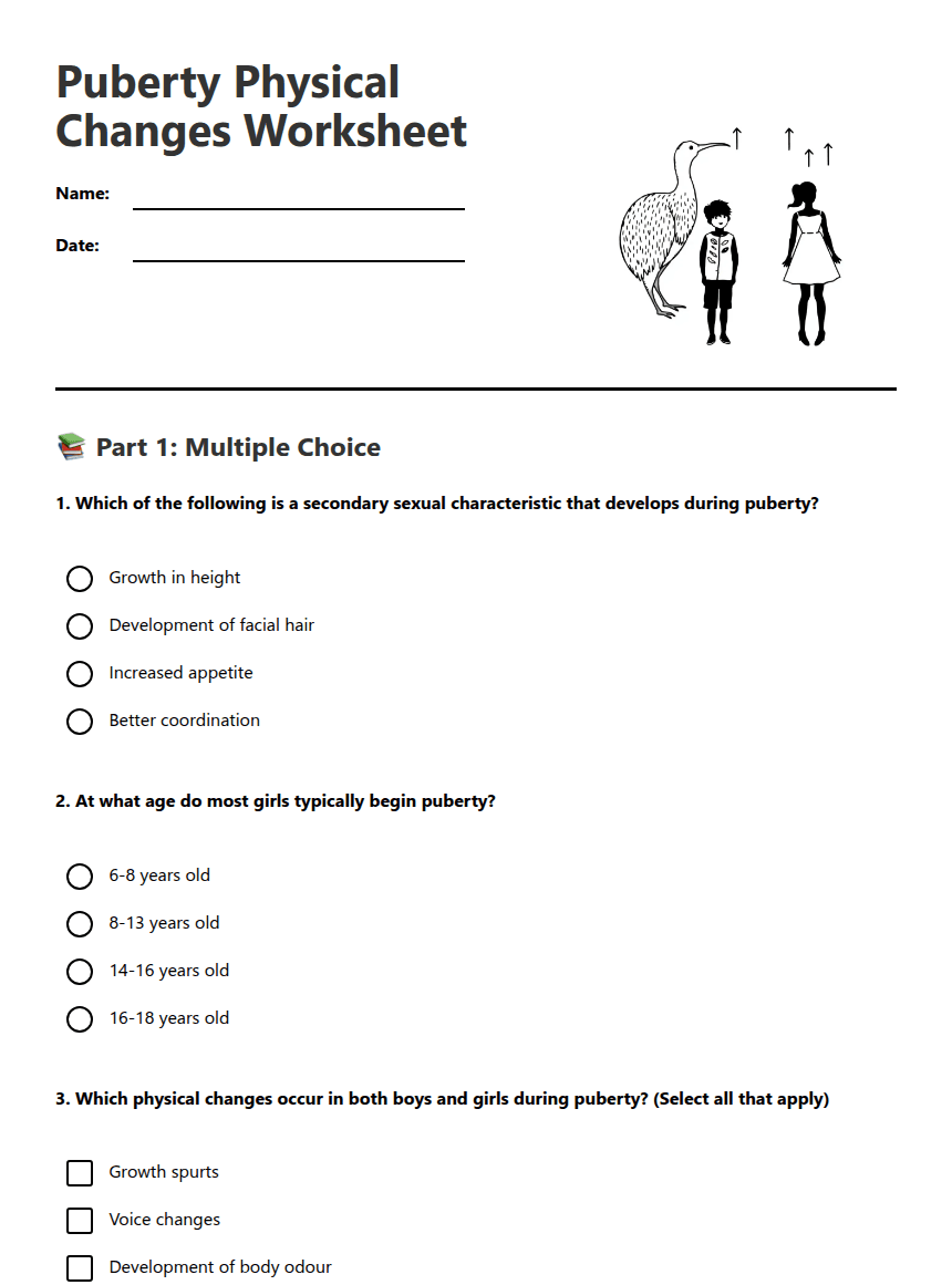 Puberty Physical Changes Worksheet worksheet preview