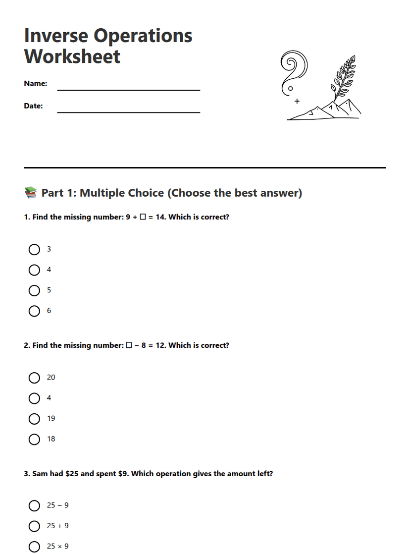 Inverse Operations Worksheet