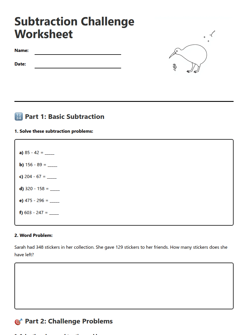 Subtraction Challenge Worksheet worksheet preview