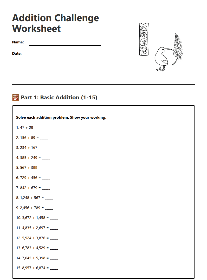 Addition Challenge Worksheet worksheet preview