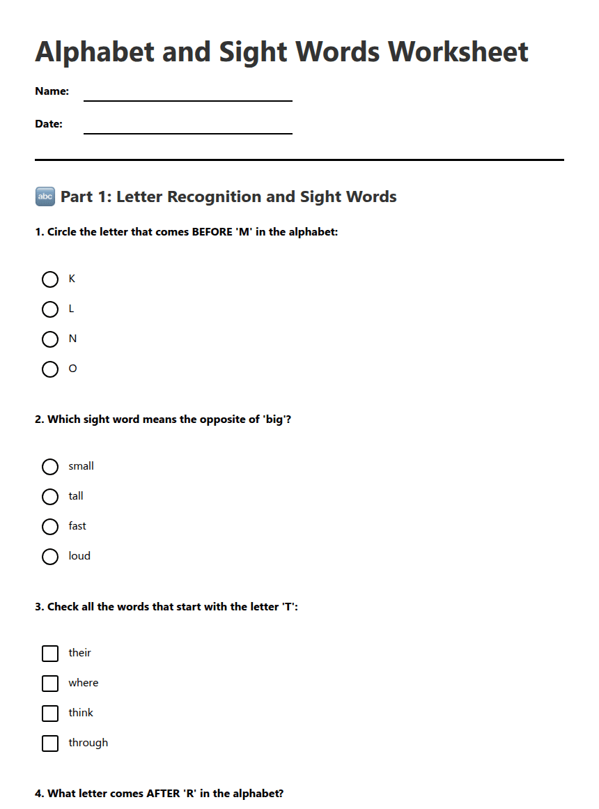 Alphabet and Sight Words Worksheet worksheet preview