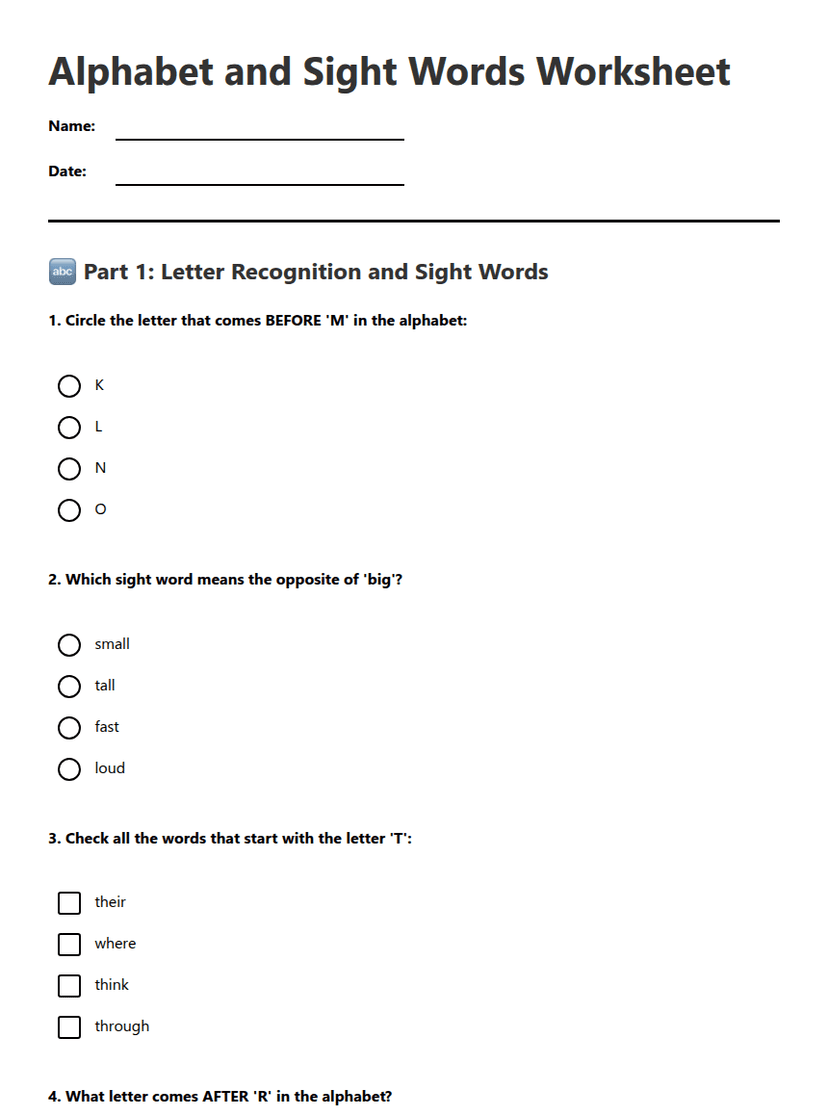 Alphabet and Sight Words Worksheet