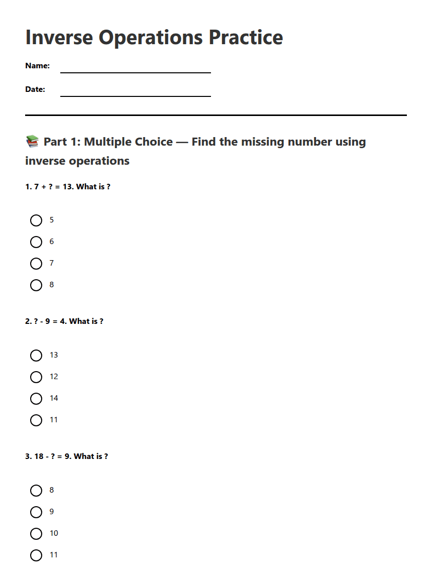 Inverse Operations Practice worksheet preview