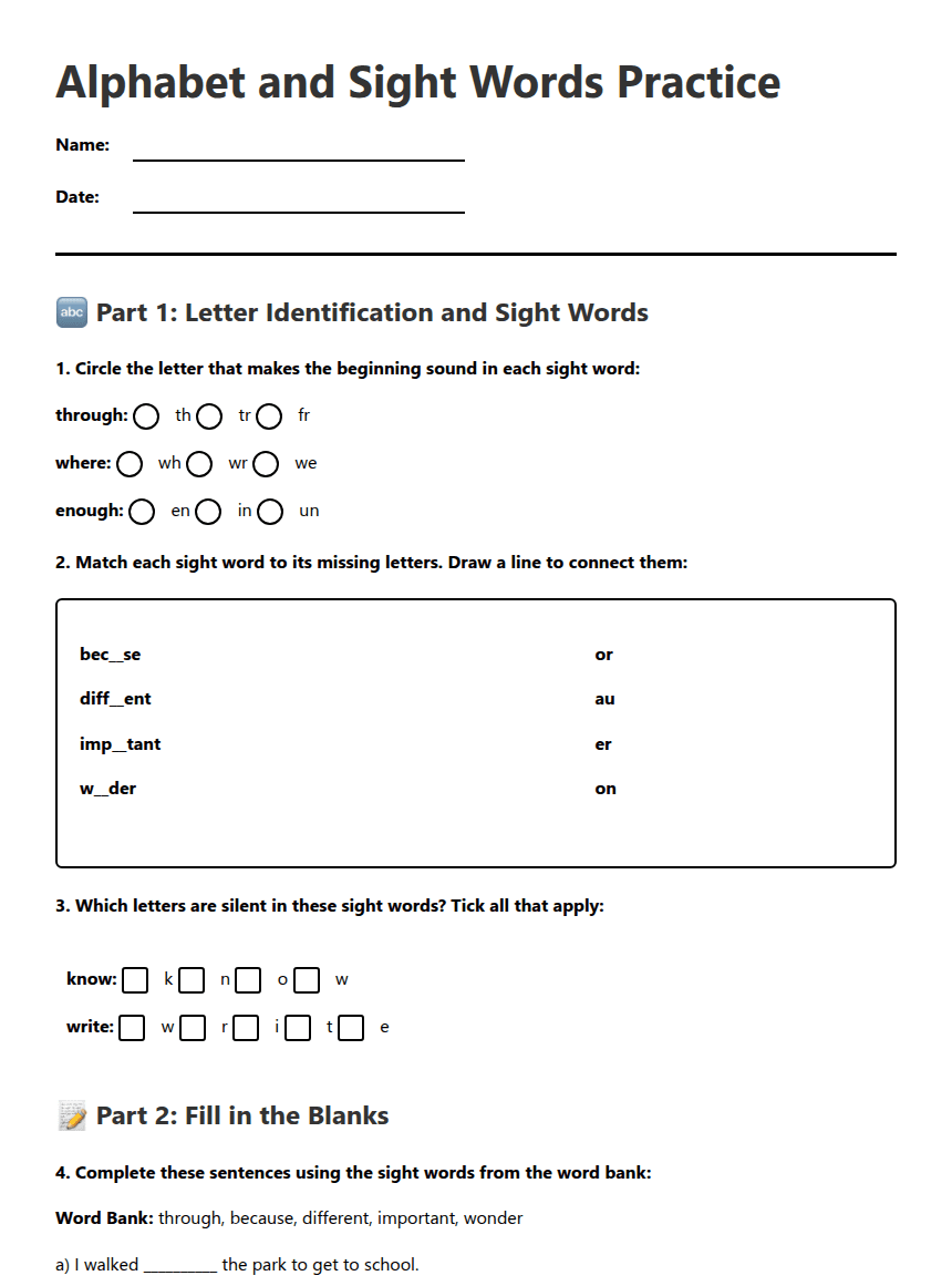 Alphabet and Sight Words Practice worksheet preview