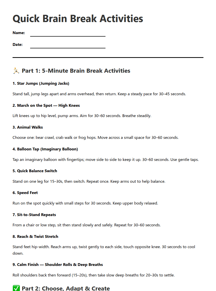 Quick Brain Break Activities worksheet preview