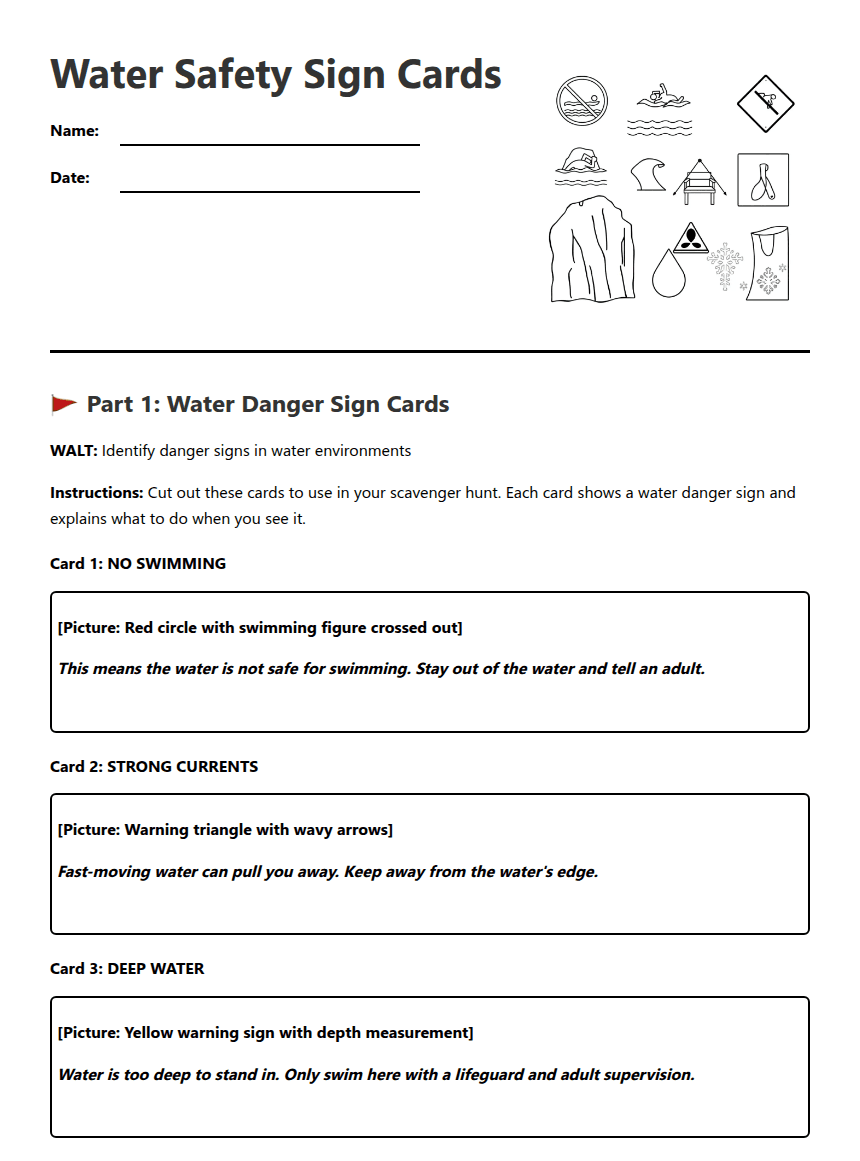 Water Safety Sign Cards worksheet preview