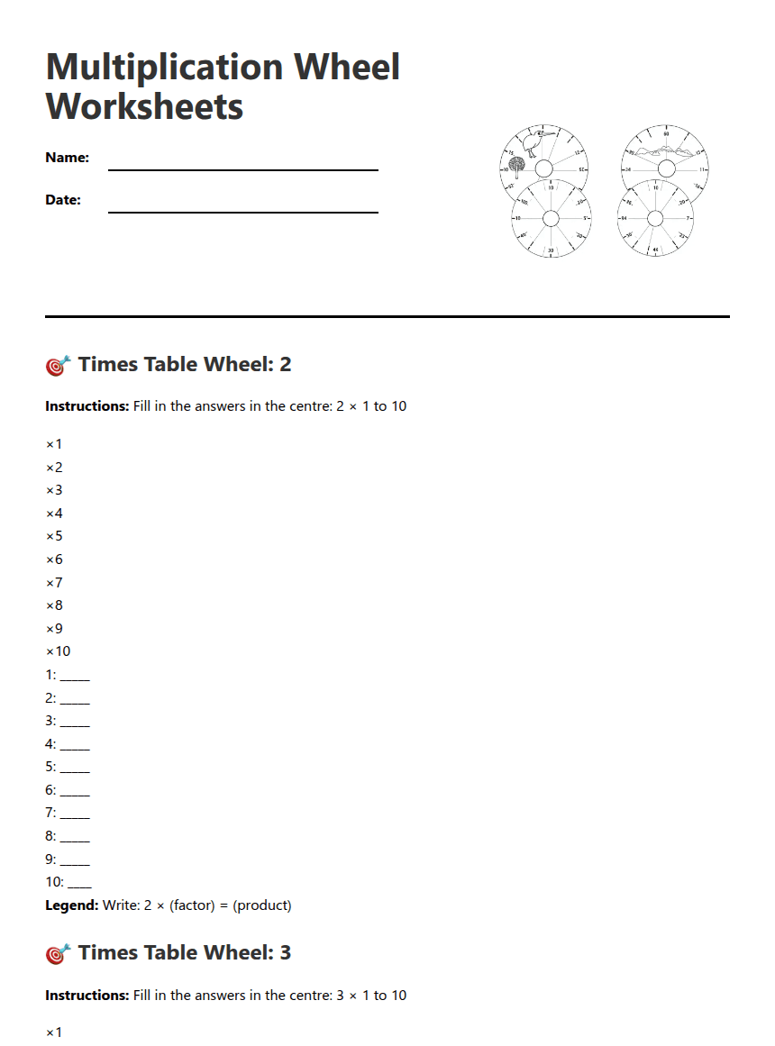 Multiplication Wheel Worksheets worksheet preview