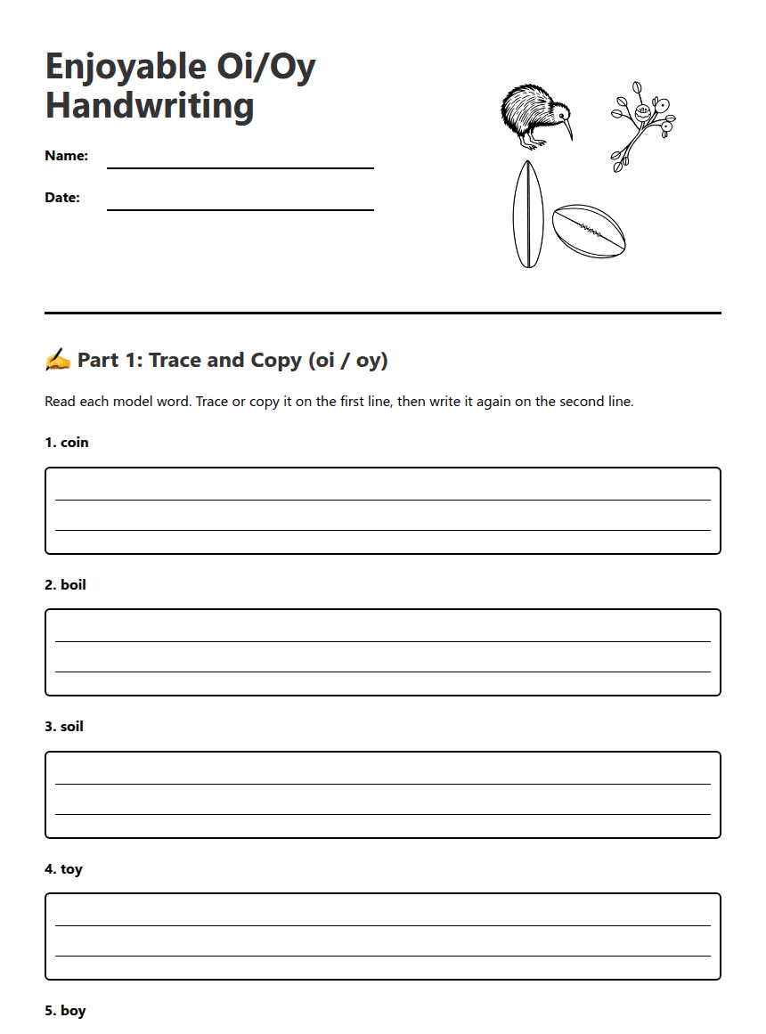 Enjoyable Oi/Oy Handwriting worksheet preview