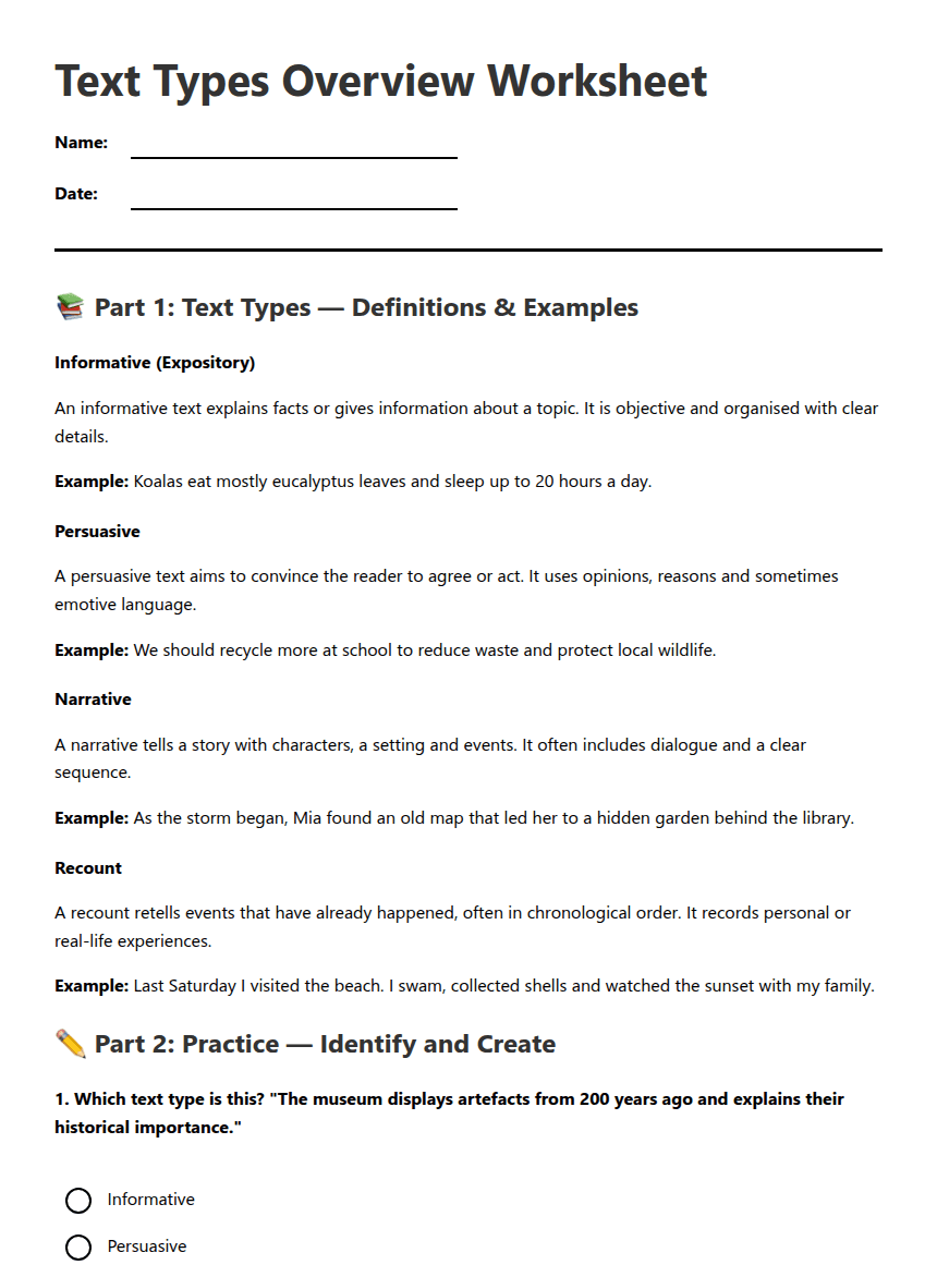 Text Types Overview Worksheet worksheet preview