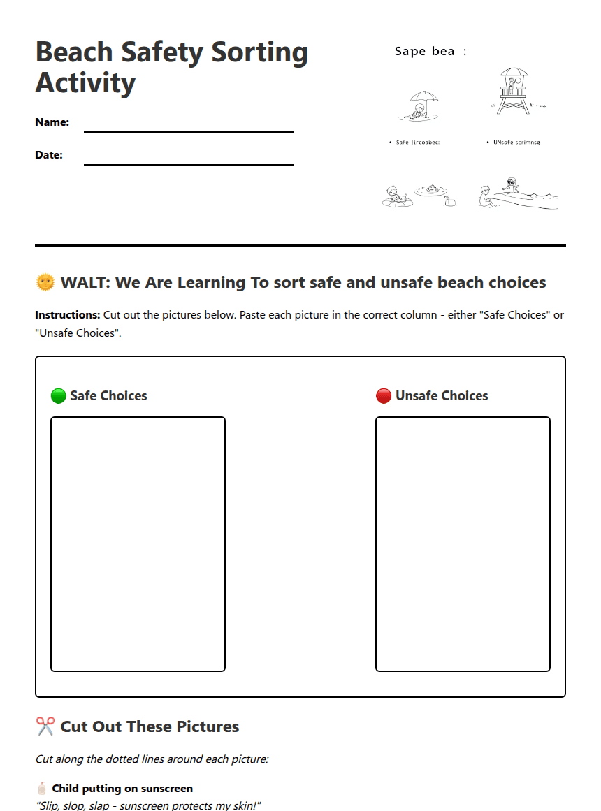 Beach Safety Sorting Activity worksheet preview