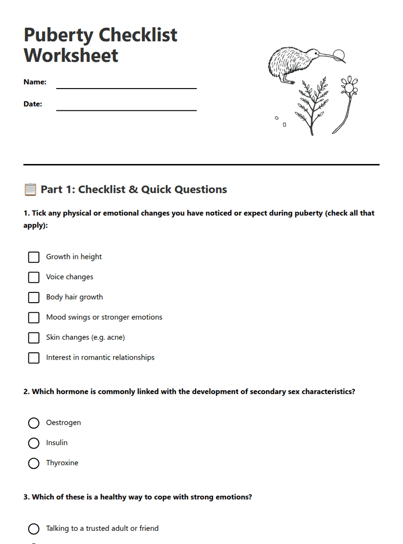 Puberty Checklist Worksheet