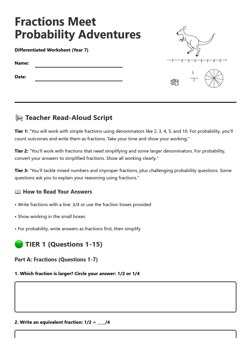 Fractions and Probability Quest worksheet preview