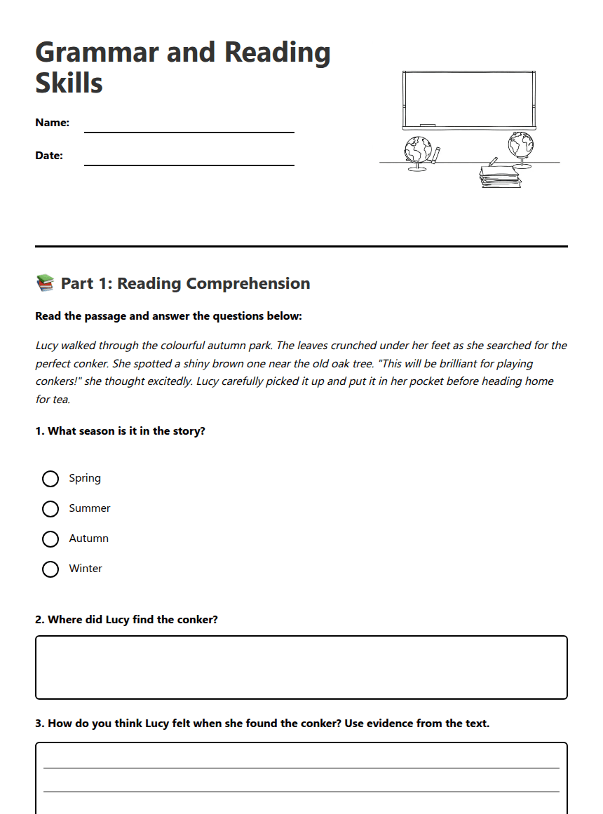 Grammar and Reading Skills worksheet preview