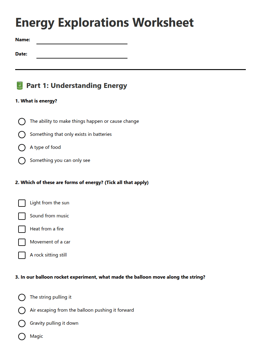 Energy Explorations Worksheet worksheet preview