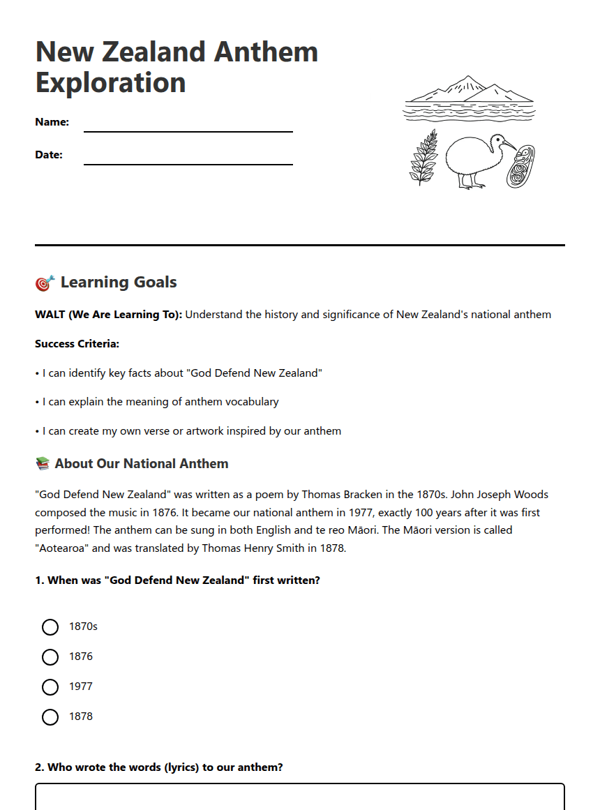 New Zealand Anthem Exploration worksheet preview