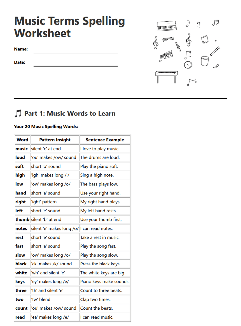 Music Terms Spelling Worksheet