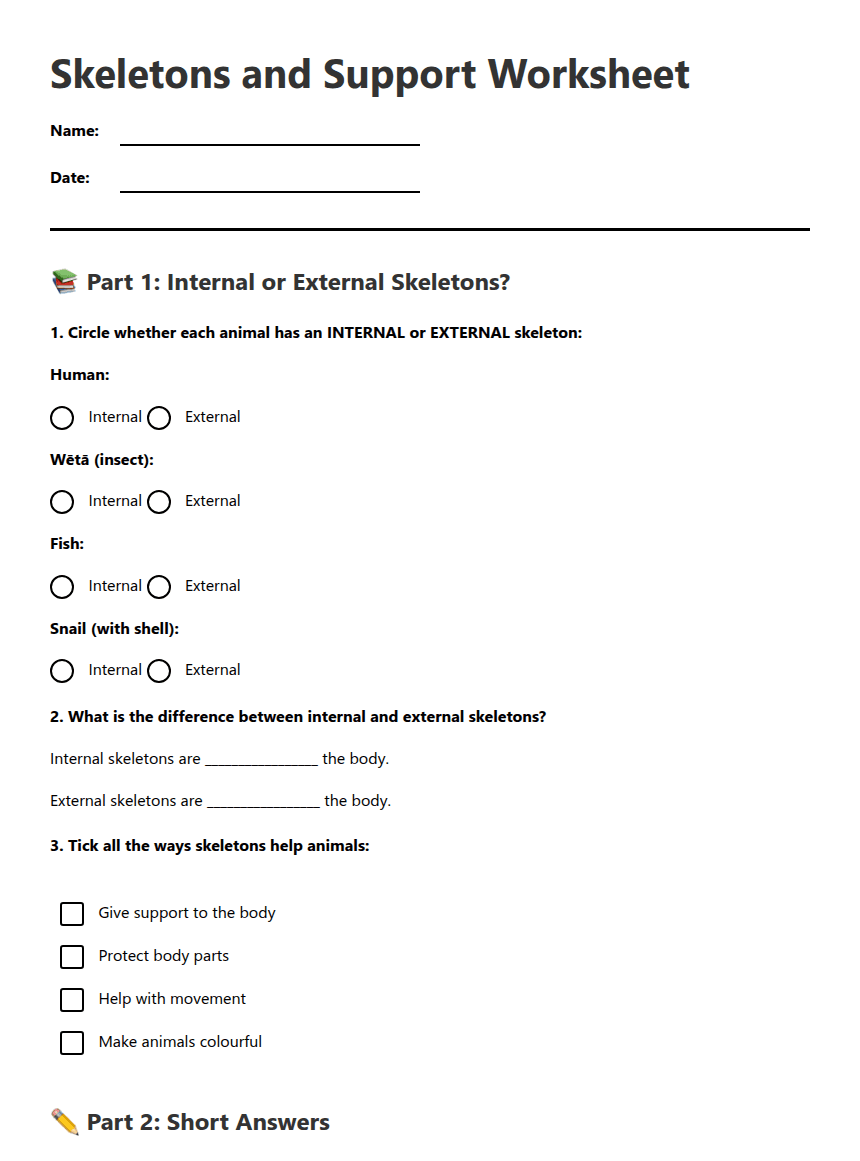 Skeletons and Support Worksheet worksheet preview