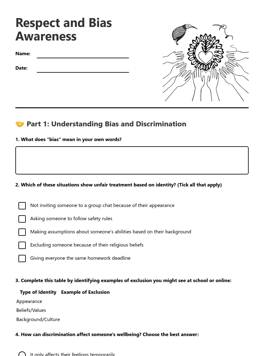 Respect and Bias Awareness worksheet preview